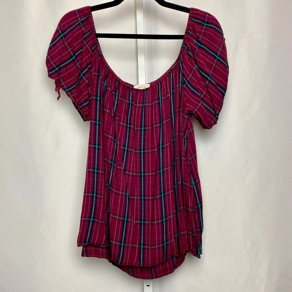 Perch Womenʻs Plus Size 100% Rayon Burgundy Elastic Neckline Plaid Blouse 2X
